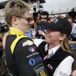 
              Josef Newgarden, left, celebrates with car owner Sarah Fisher after he qualified for the Indianapolis 500 auto race at Indianapolis Motor Speedway in Indianapolis, Sunday, May 17, 2015. (AP Photo/AJ Mast)
            