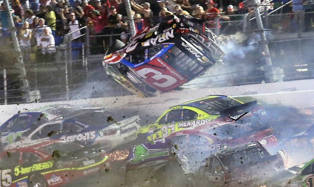 Austin Dillon (3) goes airborne as he was involved in a multi-car crash on the final lap of the NAS...