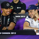 
              Mercedes driver Lewis Hamilton, left, of Great Britain, and Williams driver Felipe Massa, right, of Brazil, speak to the media during the drivers press conference at the F1 Canadian Grand Prix auto race, Thursday, June 4, 2015, in Montreal. (Tom Boland/The Canadian Press via AP)
            