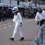 
              McLaren driver Fernando Alonso of Spain, left, walks in the pit lane during the Formula One Grand Prix, at the Monaco racetrack, in Monaco, Sunday, May 24, 2015. Fernando Alonso retired for the second straight race after his McLaren let him down again — just like it did in Spain two weeks ago. (Boris Horvat/Pool Photo via AP)
            