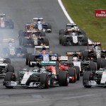 
              Mercedes driver Nico Rosberg of Germany, center left, steers his car steers his car on the start of the the Formula One Grand Prix race, at the Red Bull Ring in Spielberg, southern Austria, Sunday, June 21, 2015. (AP Photo/Darko Bandic)
            
