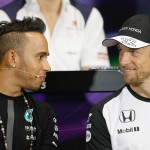 
              Mercedes driver Lewis Hamilton of Britain,  left, and McLaren driver Jenson Button of Britain,  talk each other,  during an official press conference prior the Formula One Grand Prix,  at the Monaco racetrack, in Monaco, Wednesday, May 20, 2015. The Formula one race will be held on Sunday. (AP Photo/Claude Paris)
            