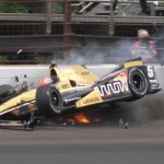 
              James Hinchcliffe, of Canada, hits the wall in the third turn during practice for the Indianapolis 500 auto race at Indianapolis Motor Speedway in Indianapolis, Monday, May 18, 2015.  (Jimmy Dawson/The Indianapolis Star via AP)
            