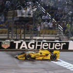 
              Ryan Hunter-Reay crosses the finish line as he wins the IndyCar Series auto race Saturday, July 18, 2015, at Iowa Speedway in Newton, Iowa. (AP Photo/Charlie Neibergall)
            