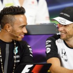 
              Mercedes driver Lewis Hamilton of Britain,  left, and McLaren driver Jenson Button of Britain, smile each other,  during an official press conference prior the Formula One Grand Prix,  at the Monaco racetrack, in Monaco, Wednesday, May 20, 2015. The Formula one race will be held on Sunday. (AP Photo/Claude Paris)
            