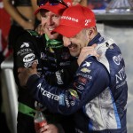 
              Tony Kanaan, right, of Brazil, celebrates with Scott Dixon, left, after Dixon won the Firestone 600 IndyCar auto race at Texas Motor Speedway Saturday, June 6, 2015, in Fort Worth, Texas. (AP Photo/Tim Sharp)
            