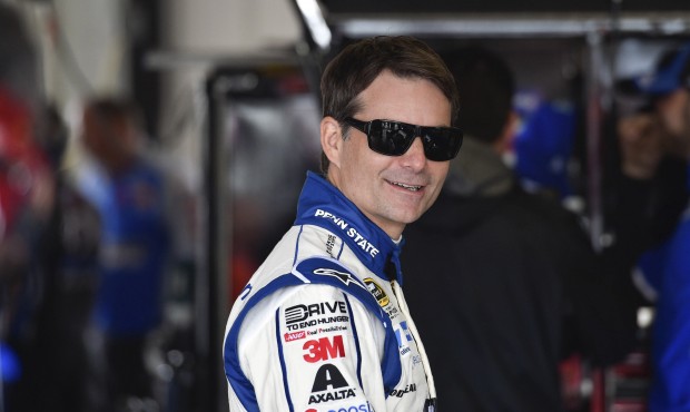Jeff Gordon smiles in the garage area at Pocono Raceway during practice for Sunday’s NASCAR S...