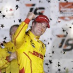 
              Ryan Hunter-Reay celebrates in Victory Lane after winning the IndyCar Series auto race Saturday, July 18, 2015, at Iowa Speedway in Newton, Iowa. (AP Photo/Charlie Neibergall)
            