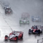 
              Juan Pablo Montoya leads the field during the first race of the IndyCar Detroit Grand Prix auto racing doubleheader Saturday, May 30, 2015, in Detroit. (AP Photo/Dave Frechette)
            