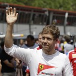
              Ferrari driver Sebastian Vettel of Germany waves to spectators at the end of the third free practice at the Monaco racetrack, in Monaco, Saturday, May 23, 2015. The Formula one race will be held on Sunday. (AP Photo/Luca Bruno)
            