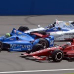 
              Tony Kanaan (10), Graham Rahal (15) and Marco Andretti (27) battle for the lead during the closing laps Saturday June 27, 2015 during the IndyCar auto race at Auto Club Speedway in Fontana, Calif. (AP Photo/Will Lester)
            