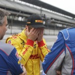 
              Ryan Hunter-Reay reacts after watching the wreck of James Hinchcliffe, of Canada, during practice for the Indianapolis 500 auto race at Indianapolis Motor Speedway in Indianapolis, Monday, May 18, 2015.  (AP Photo/Darron Cummings)
            