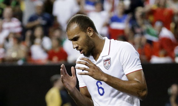 United States’ John Brooks reacts after missing a scoring opportunity during the second half ...
