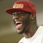 
              WBC heavyweight boxing champion Deontay Wilder laughs during a news conference Thursday, June 11, 2015, in Birmingham, Ala. Wilder is preparing for his first title defense, when he takes on Eric Molina on Saturday, June 13, in Birmingham. (AP Photo/Brynn Anderson)
            