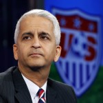 
              FILE - This Oct. 10, 2014, file photo shows Sunil Gulati, president of the United States Soccer Federation, during a press conference in Bristol, Conn. The United States says it will vote for Jordan's Prince Ali bin Al-Hussein for FIFA president Friday, May 29, 2015 and not for incumbent Sepp Blatter.  (AP Photo/Elise Amendola, File)
            