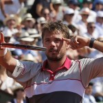 
              Switzerland's Stan Wawrinka celebrates winning the semifinal match of the French Open tennis tournament against France's Jo-Wilfried Tsonga in four sets 6-3, 6-7, 7-6, 6-4, at the Roland Garros stadium, in Paris, France, Friday, June 5, 2015. (AP Photo/Michel Euler)
            