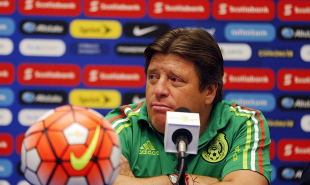 Mexico men’s soccer coach Miguel Herrera speaks during a news conference Tuesday, July 21, 20...