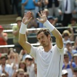 
              Andy Murray of Britain celebrates after winning the single match against Robin Haase of the Netherlands, at the All England Lawn Tennis Championships in Wimbledon, London, Thursday July 2, 2015. Murray won 6-1, 6-1, 6-4. (AP Photo/Alastair Grant)
            