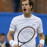 
              Andy Murray of Britain shouts after he plays a return to Viktor Troicki of Serbia during their semifinal tennis match at the Queen's Championships in London, Sunday, June 21, 2015. (AP Photo/Kirsty Wigglesworth)
            