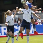 
              United States’ Abby Wambach, top right, attempts to head the ball over Ireland's Jessica Gleeson (19) and Meabh De Burca (6) during the first half of an exhibition soccer match Sunday, May 10, 2015, in San Jose, Calif. (AP Photo/Tony Avelar)
            