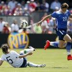 
              United States’ Abby Wambach, right, jumps over a tackle by Ireland's Ciana Grant (5) during the second half of an exhibition soccer match Sunday, May 10, 2015, in San Jose, Calif. United States won 3-0. (AP Photo/Tony Avelar)
            