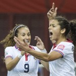 
              FILE - In this Tuesday, June 9, 2015, file photo, Costa Rica's Raquel Rodriguez Cedeno, right, celebrates with teammate Carolina Venegas (9) after scoring against Spain during the first half of a FIFA Women's World Cup soccer game in Montreal, Canada. Rodriguez Cedeno, a senior at Penn State's, is among several current U.S. college players who are playing for other nations in the World Cup, which is being played over the next month in six Canadian cities. (Graham Hughes/The Canadian Press via AP, File) MANDATORY CREDIT
            