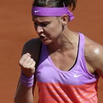 
              Lucie Safarova of the Czech Republic clenches her fist as she plays Serbia's Ana Ivanovic during their semifinal match of the French Open tennis tournament at the Roland Garros stadium, Thursday, June 4, 2015 in Paris, France. (AP Photo/David Vincent)
            