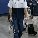 
              FILE - In this Friday, Aug. 5, 2005 file photo, Australia bowler Glenn McGrath walks with the aid of crutches as he arrives at Edgbaston cricket ground in Birmingham, England, before the second day of the second Ashes Test match against England. McGrath had to miss one of the five test matches in the 2005 series in England after sustaining an injury while messing around with a teammate with a soccer ball. McGrath was running to catch the ball, NFL/rugby-style when he stood on a cricket ball and damaged a ligament. (AP Photo/Matt Dunham)
            