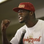 
              WBC heavyweight boxing champion Deontay Wilder speaks at news conference Thursday, June 11, 2015, in Birmingham, Ala. Wilder is preparing for his first title defense against Eric Molina on Saturday, June 13, in Birmingham. (AP Photo/Brynn Anderson)
            