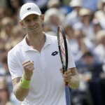 
              South Africa’s Kevin Anderson celebrates beating Spain’s Guillermo Garcia-Lopez in their quarterfinal tennis match on the fifth day of the Queen's Championships in London, Friday, June 19, 2015. (AP Photo/Tim Ireland)
            