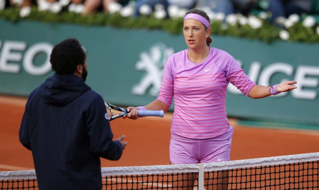 In this picture taken Saturday May 30 2015, Belarus’ Victoria Azarenka argues with chair umpi...