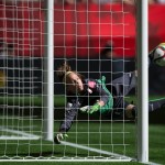 
              Switzerland goalkeeper Gaelle Thalmann watches as a Canada shot deflects off the crossbar during the first half of the FIFA Women's World Cup soccer action in Vancouver, British Columbia, Canada on Sunday June 21, 2015. (Darryl Dyck/The Canadian Press via AP)
            