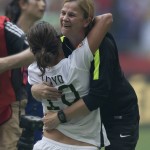 
              United States coach Jill Ellis, right, and Carli Lloyd celebrate after they defeated Japan 5-2 in the FIFA Women's World Cup soccer championship in Vancouver, British Columbia, Canada, Sunday, July 5, 2015. (Darryl Dyck/The Canadian Press via AP) MANDATORY CREDIT
            