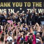 
              Members of the U.S. women's soccer team and fans celebrate the team's World Cup championship during a public celebration, Tuesday, July 7, 2015, in Los Angeles. This was the first U.S. stop for the team since beating Japan in the Women's World Cup final Sunday in Canada. (AP Photo/Jae C. Hong)
            