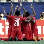 
              Panama players celebrate a goal by Roberto Nurse during the second half of the CONCACAF Gold Cup third place soccer match, Saturday, July 25, 2015, in Chester, Pa. (AP Photo/Michael Perez)
            