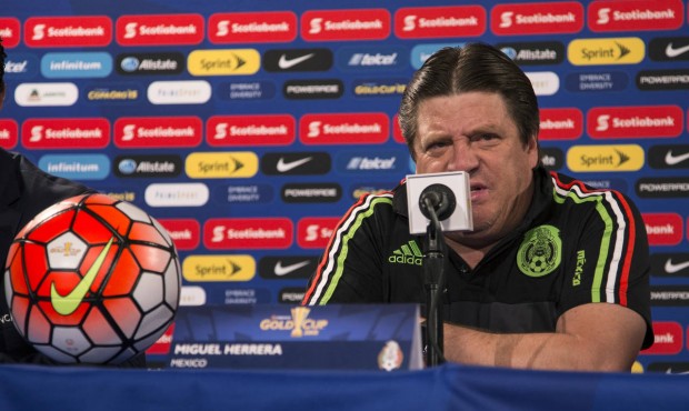 Mexico’s head coach Miguel Herrera speaks during a news conference, Saturday, July 25, 2015, ...