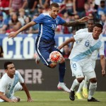 
              United States' Fabian Johnson midfielder (23) moves the ball between Guatemala defenders Carlos Castrillo (13) and Ruben Morales (2) during the first half of an international friendly soccer match Friday, July 3, 2015, in Nashville, Tenn. (AP Photo/Mark Humphrey)
            