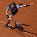 
              Britain's Andy Murray serves in the quarterfinal match of the French Open tennis tournament against Spain's David Ferrer, at the Roland Garros stadium, in Paris, France, Wednesday, June 3, 2015. Murray won in four sets 7-6 (7-4), 6-2, 5-7, 6-1. (AP Photo/Francois Mori)
            