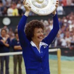 
              FILE - In this July 4, 1975 file photo, U.S. tennis star Billie Jean King holds up the trophy after winning her sixth singles final at the All England Lawn Tennis Championships in Wimbledon, London. California’s tradition of being the birthplace of great tennis champions continued in the form of King, who won three straight Wimbledon singles titles from 1966-68. She would go on to win a further three in the 1970s as she amassed 12 major titles. In total, the two-time Associated Press “Female Athlete of the Year” won 39 Grand Slam titles in all forms. King, who founded the women’s professional tennis tour, remains a pioneering advocate of sexual equality. (AP Photo, File)
            