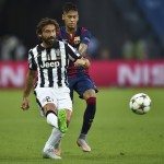 
              Juventus' Andrea Pirlo, left, and Barcelona's Neymar challenge for the ball during the Champions League final soccer match between Juventus Turin and FC Barcelona at the Olympic stadium in Berlin Saturday, June 6, 2015. (AP Photo/Martin Meissner)
            