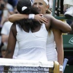 
              Serena Williams of the United States hugs Victoria Azarenka of Belarus, after defeating her in their singles match, at the All England Lawn Tennis Championships in Wimbledon, London, Tuesday July 7, 2015. Williams won 3-6, 6-2, 6-3.  (AP Photo/Pavel Golovkin)
            