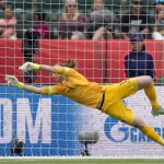 
              England's goalkeeper Karen Bardsley (1) makes a save against Germany during second-half action of the FIFA Women's World Cup soccer third-place match in Edmonton, Alberta, Canada, on Saturday, July 4, 2015. (Jason Franson/The Canadian Press via AP) MANDATORY CREDIT
            