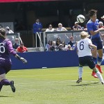 
              United States’ Abby Wambach, right, hits a header for a goal past Ireland's Meabh De Burca (6) and goalie Niamh Reid-Burke (16) during the first half of an exhibition soccer match Sunday, May 10, 2015, in San Jose, Calif. (AP Photo/Tony Avelar)
            