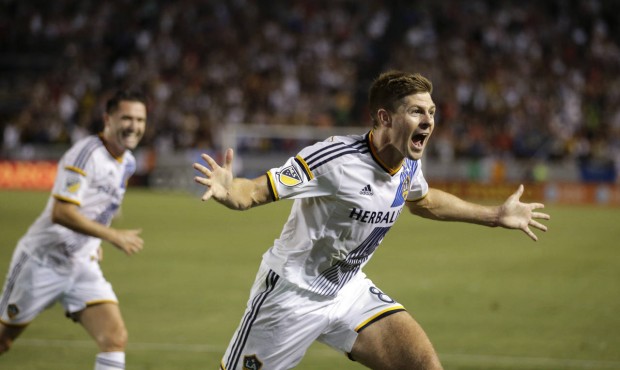Los Angeles Galaxy’s Steven Gerrard, of England, celebrates his first goal for the team, duri...