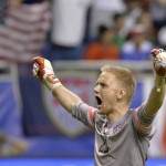 
              FILE - In this April 15, 2015, file photo, United States goalkeeper William Yarbrough celebrates after their 2-0 win over Mexico in an international friendly soccer match in San Antonio. Yarborough was selected for the U.S. roster roster announced, Tuesday, June 23, 2015, for next month's CONCACAF Gold Cup soccer tournament. (AP Photo/Darren Abate, File)
            