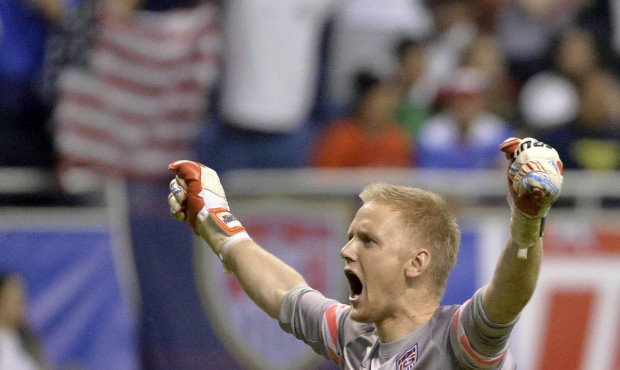 FILE – In this April 15, 2015, file photo, United States goalkeeper William Yarbrough celebra...