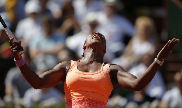 Serena Williams of the U.S. reacts as she plays Lucie Safarova of the Czech Republic during their f...