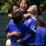 
              Japan's Mana Iwabuchi, back, jumps onto teammates Aya Sameshima, back left, Yuki Ogimi, right, and Aya Miyama, front, during a practice session in Vancouver, British Columbia, in Canada, on Saturday, July 4, 2015. Japan and the United States are scheduled to play in the final of the FIFA Women's World Cup soccer tournament on Sunday in Vancouver. (Darryl Dyck/The Canadian Press via AP) MANDATORY CREDIT
            