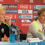 
              U.S. midfielder Megan  Rapinoe, left,  and coach Jill Ellis speak at a news conference on Sunday, June 21, 2015, in Edmonton, Alberta, Canada. The United States faces Colombia on Monday in the round of 16 at the Women's World Cup. (AP Photo/Anne M. Peterson).
            