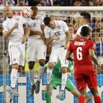 
              USA's Michael Bradley (4) John Brooks (6) and Ventura Alvarado (13) block a penalty kick by Panama midfielder Gabriel Gomez during the first half of a CONCACAF Gold Cup soccer match, Monday, July. 13, 2015, in Kansas City, Kan. (AP Photo/Colin E. Braley)
            